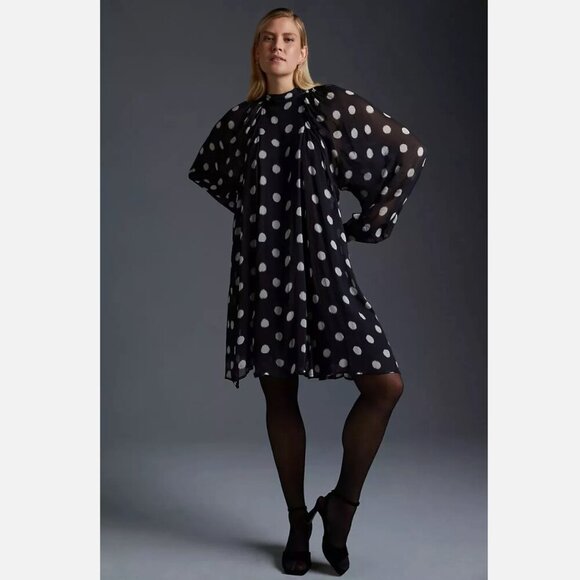 NWT Anthropologie Maeve Long-Sleeve Polka Dot Sheer Mini Dress, Size Medium - Picture 1 of 14
